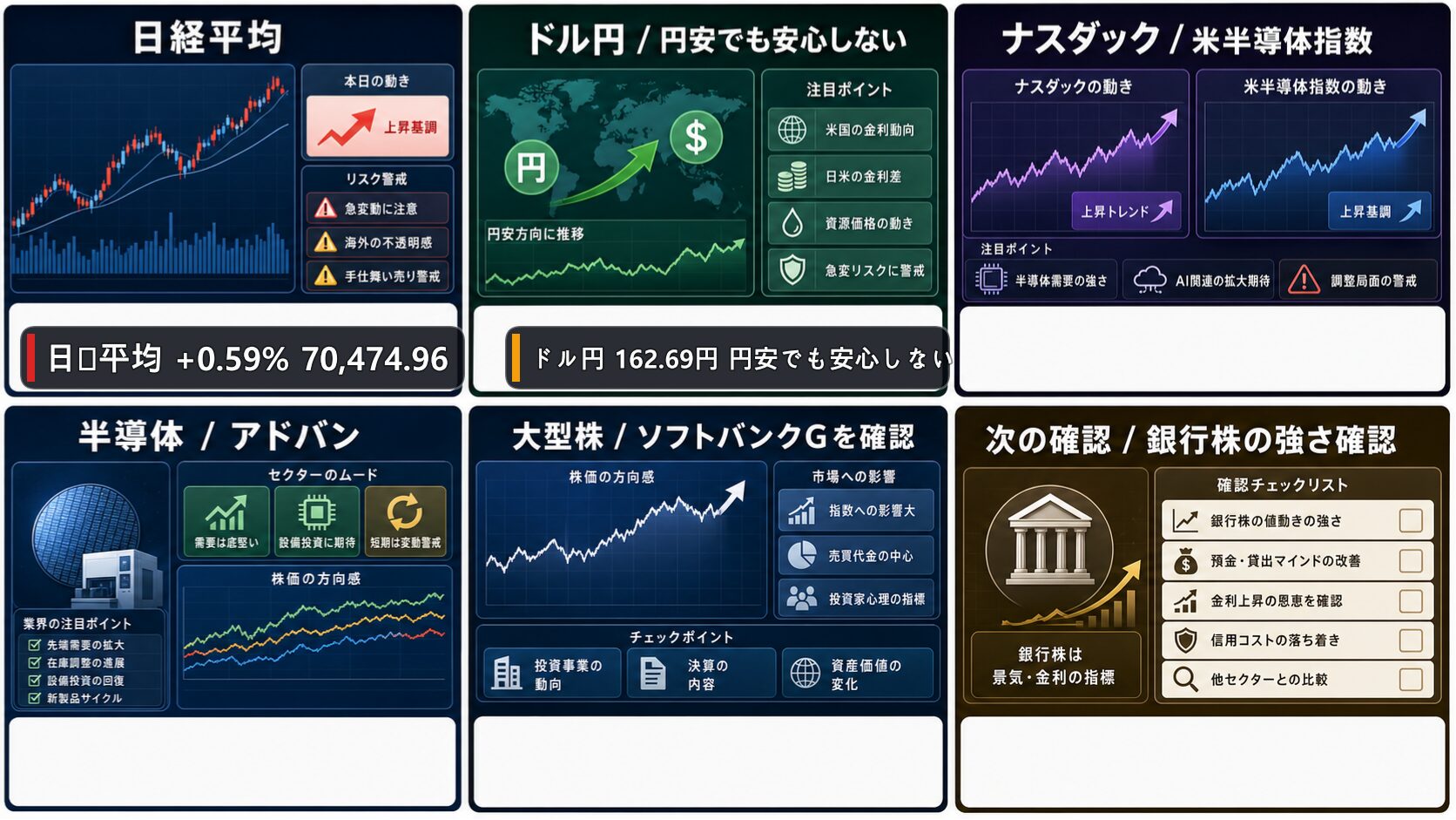 日経平均、ドル円、米国株、米半導体指数、日本の主力セクターを整理した日本株市況の画像