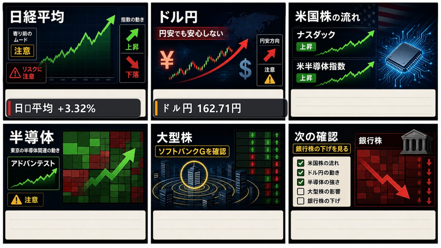 日経平均、ドル円、米国株、アドバンテスト、日本の主力セクターを整理した日本株市況の画像