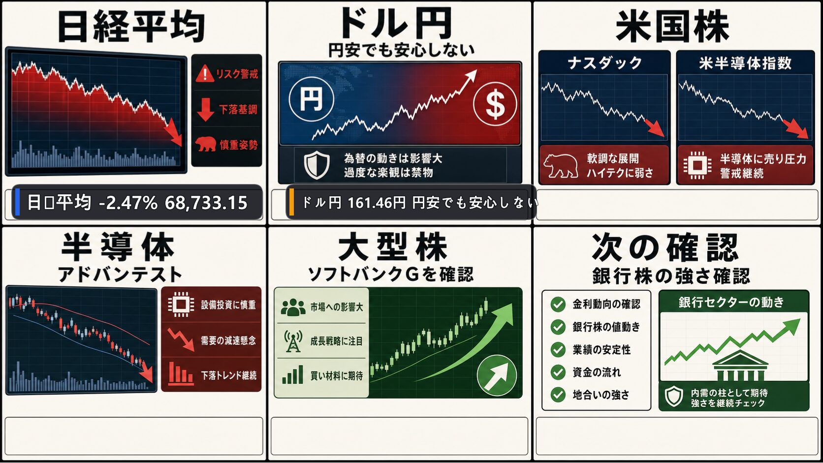 日経平均、ドル円、米国株、アドバンテスト、日本の主力セクターを整理した日本株市況の画像