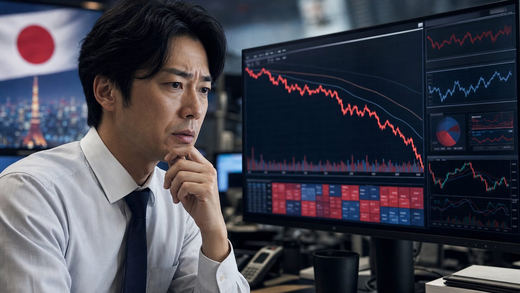 株価チャートを見て不安と疑問を感じる個人投資家の日本株サムネイル画像