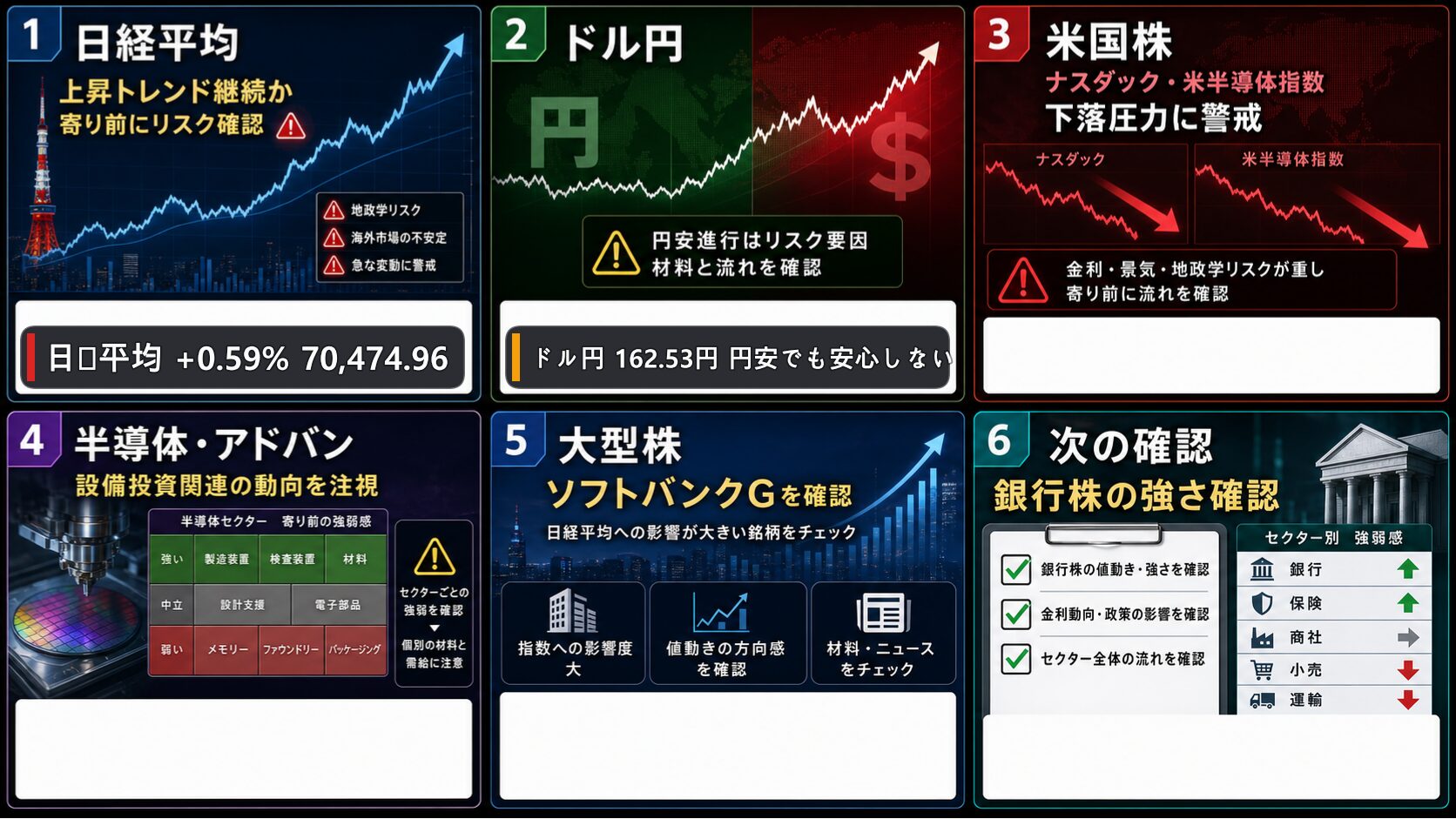 日経平均、ドル円、米国株、米半導体指数、日本の主力セクターを整理した日本株市況の画像