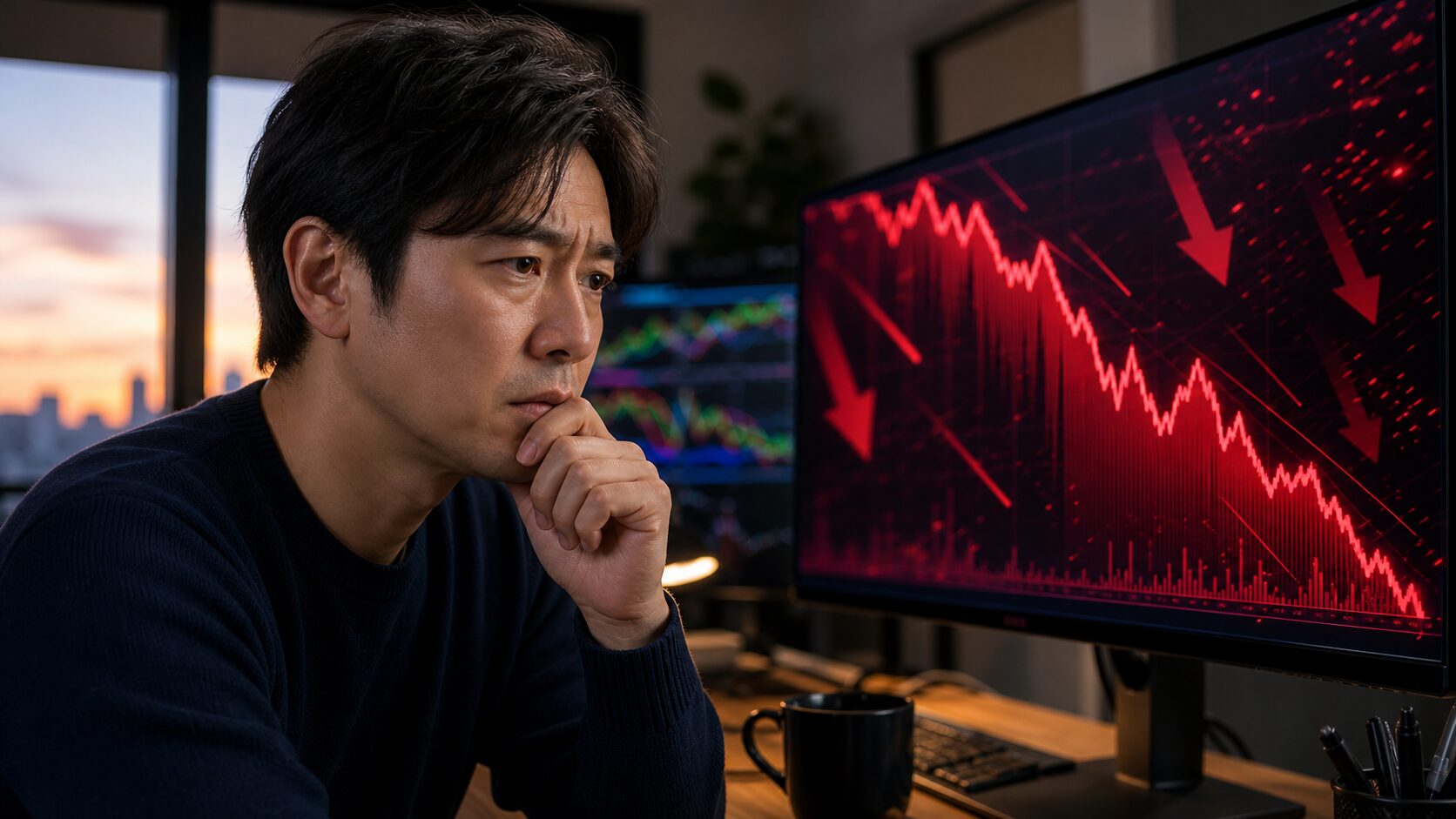 株価チャートを見て不安と疑問を感じる個人投資家の日本株サムネイル画像