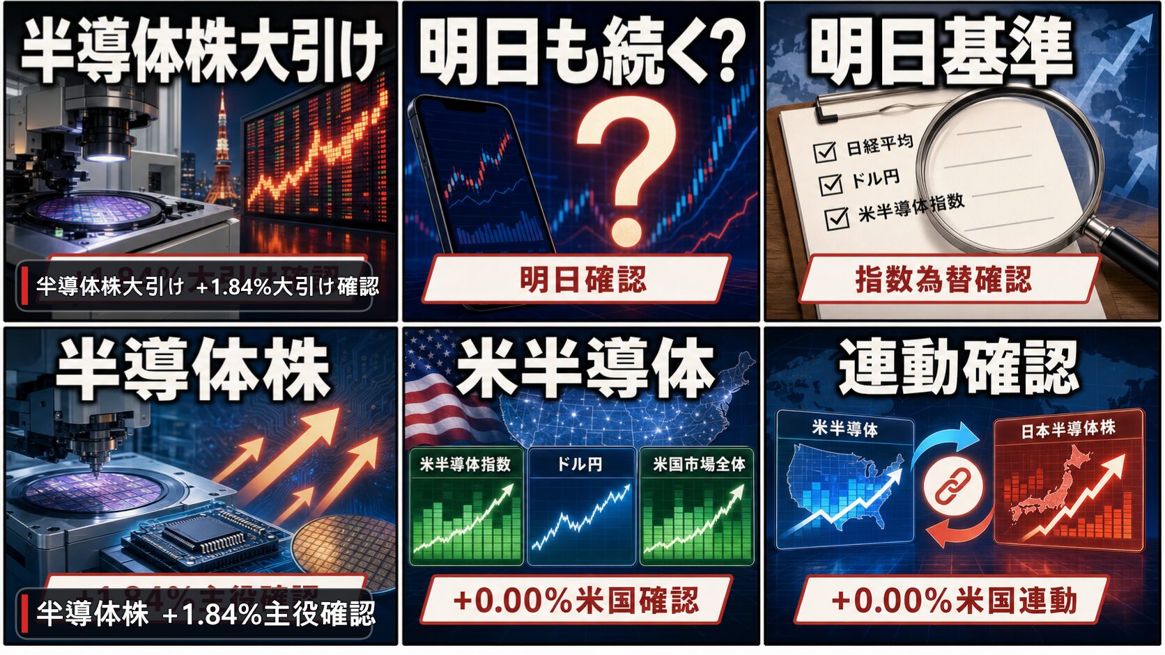 半導体株、アドバンテスト、日経平均、ドル円を6コマで整理した日本株市況の画像