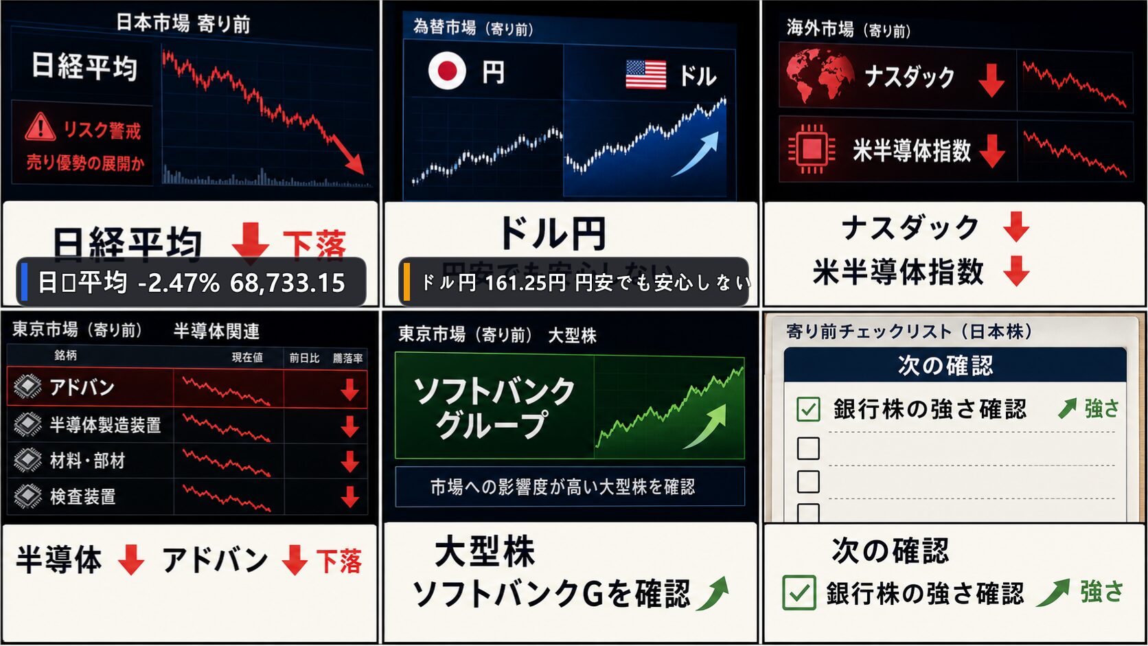 日経平均、ドル円、米国株、アドバンテスト、日本の主力セクターを整理した日本株市況の画像
