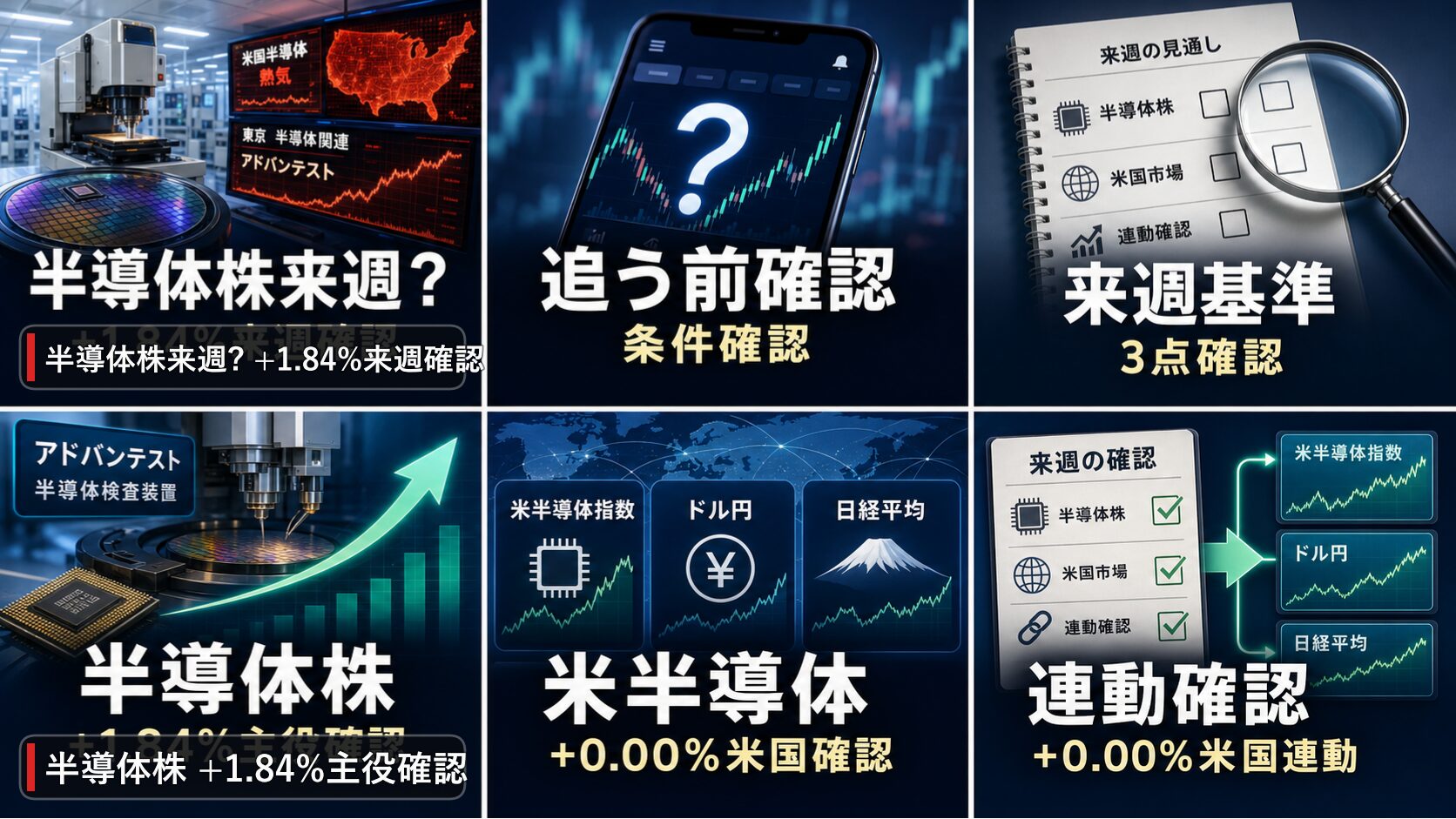 来週の日本株の半導体株、アドバンテスト、日経平均、ドル円を6コマで整理した画像