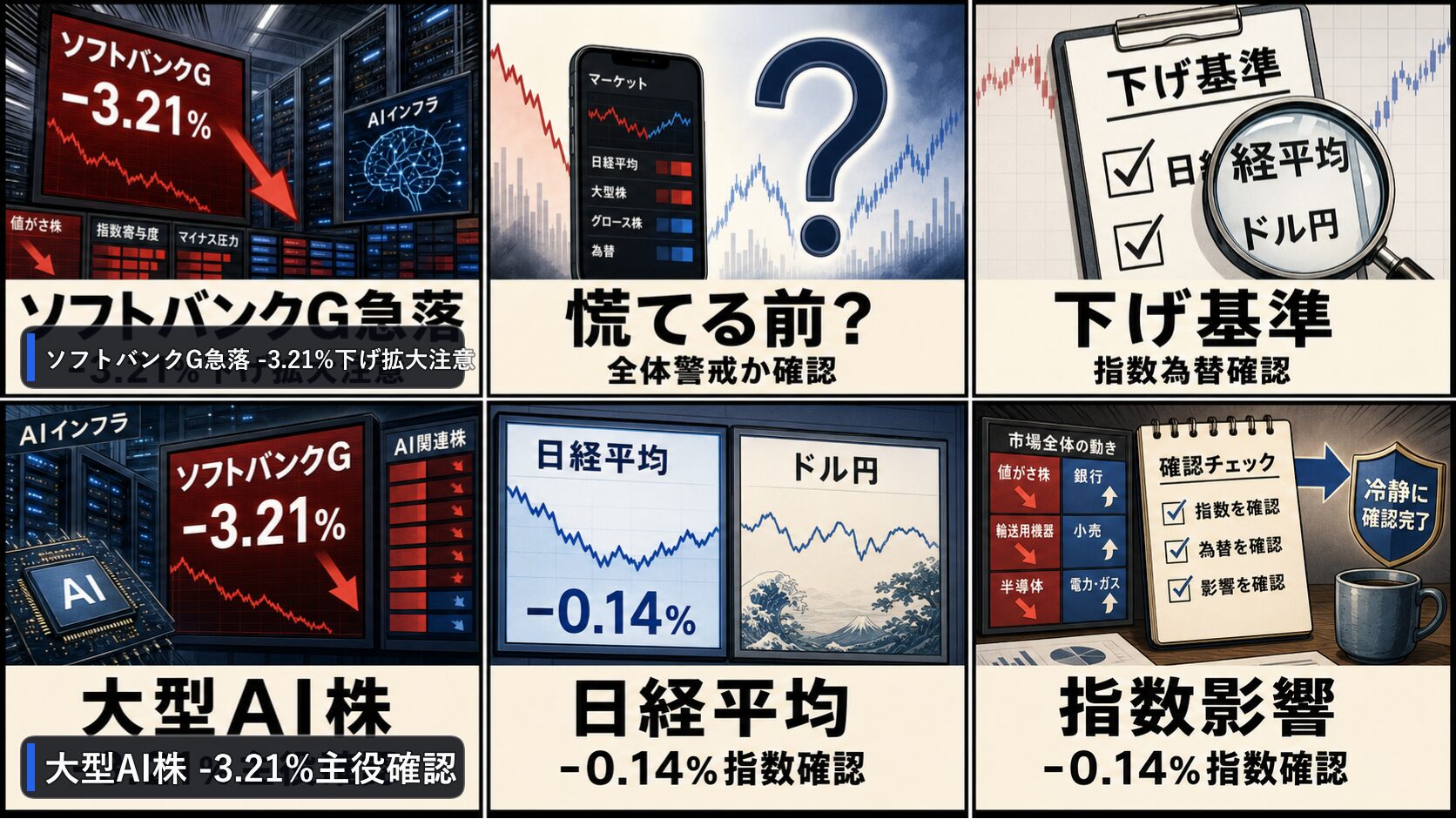 大引けの日本株の大型AI株、ソフトバンクG、日経平均、ドル円を6コマで整理した画像