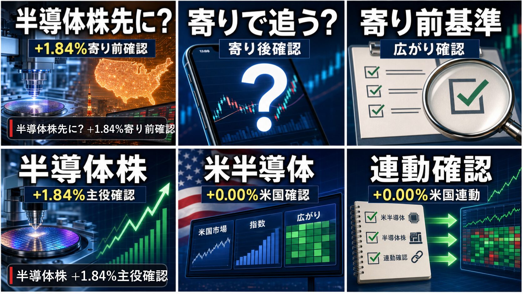 寄り前の日本株の半導体株、アドバンテスト、日経平均、ドル円を6コマで整理した画像