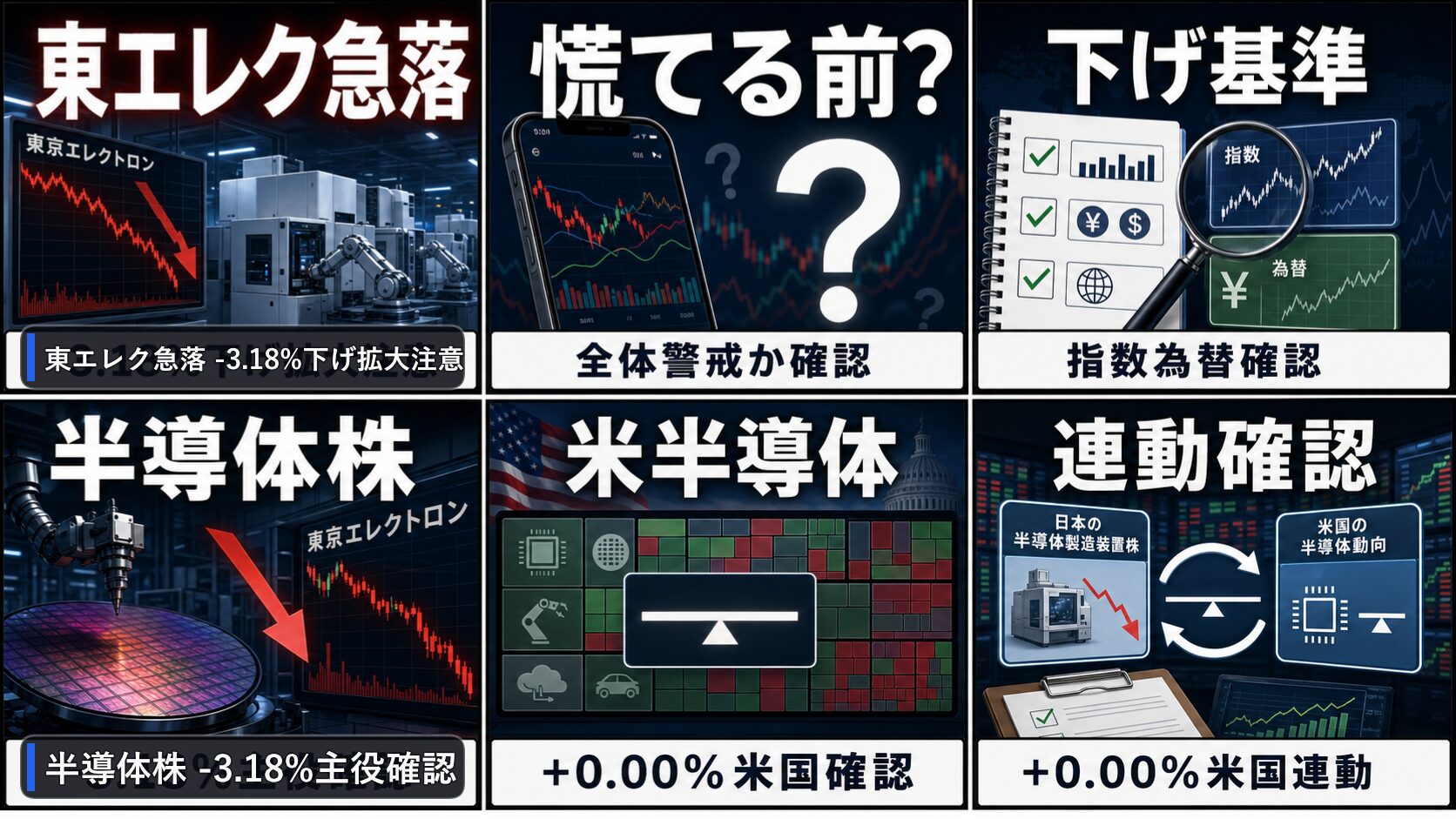 大引けの日本株の半導体株、東京エレクトロン、日経平均、ドル円を6コマで整理した画像