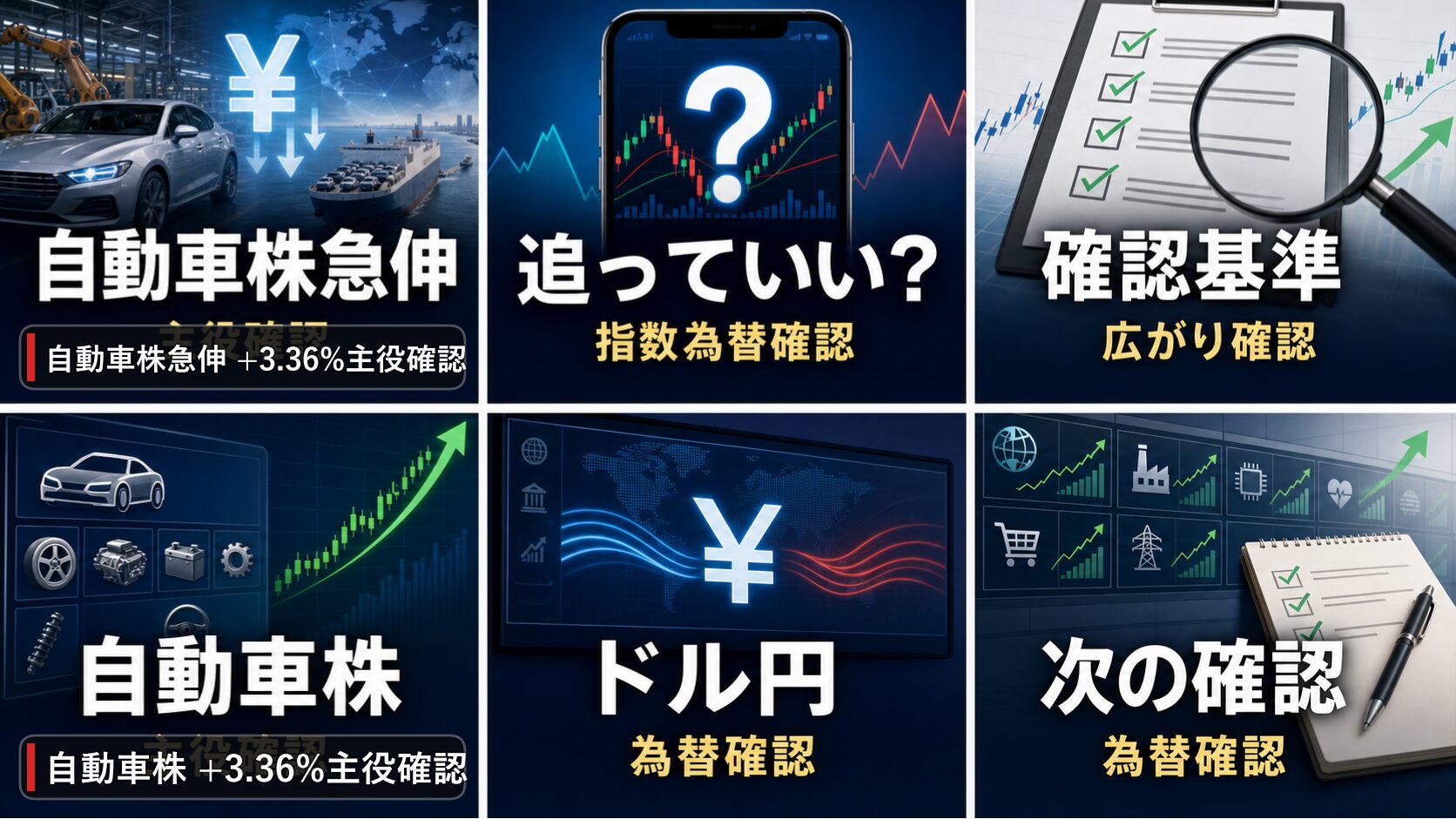 寄り前の日本株の自動車株、トヨタ、日経平均、ドル円を6コマで整理した画像