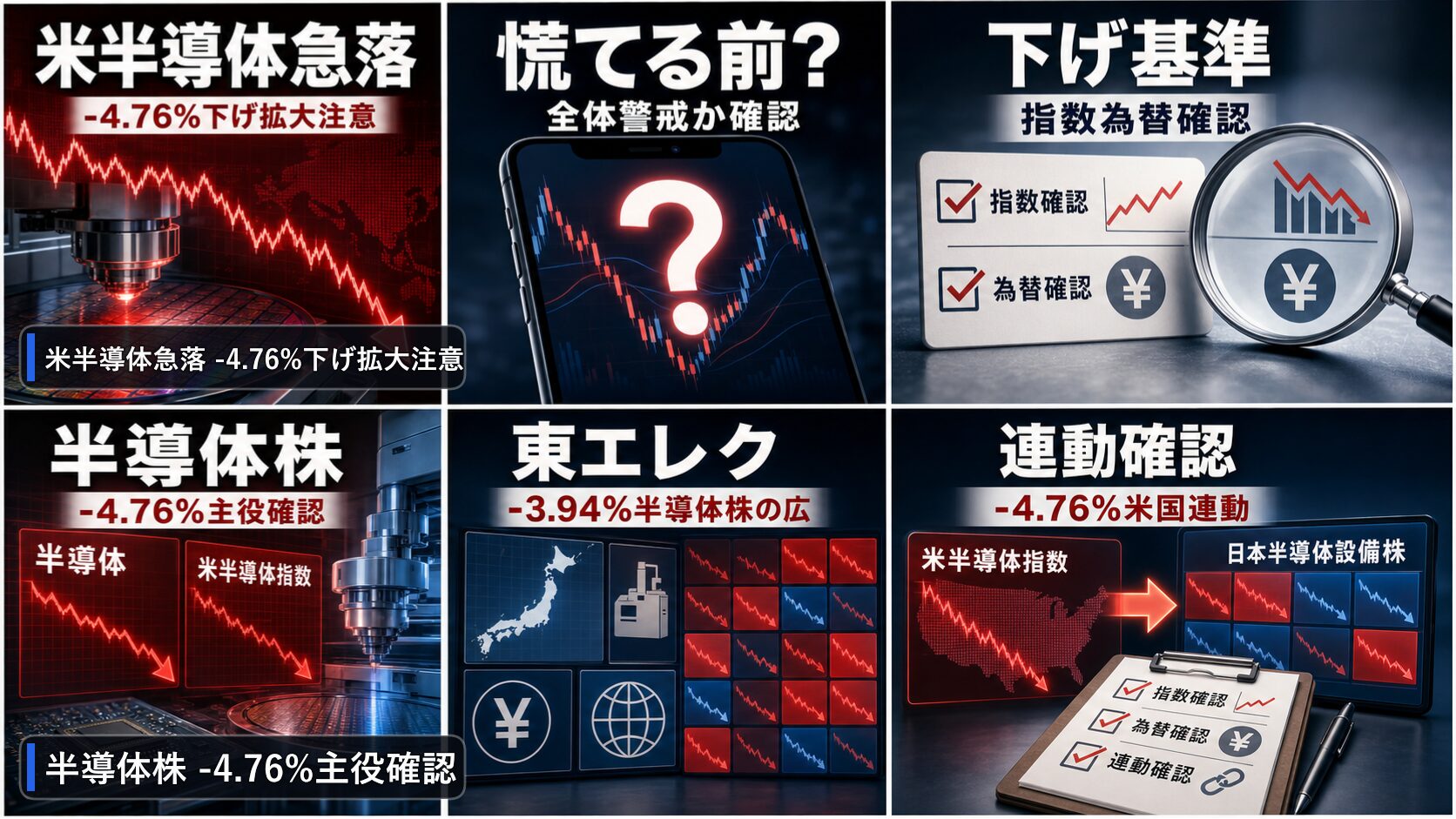 大引けの日本株の半導体株、米半導体指数、日経平均、ドル円を6コマで整理した画像