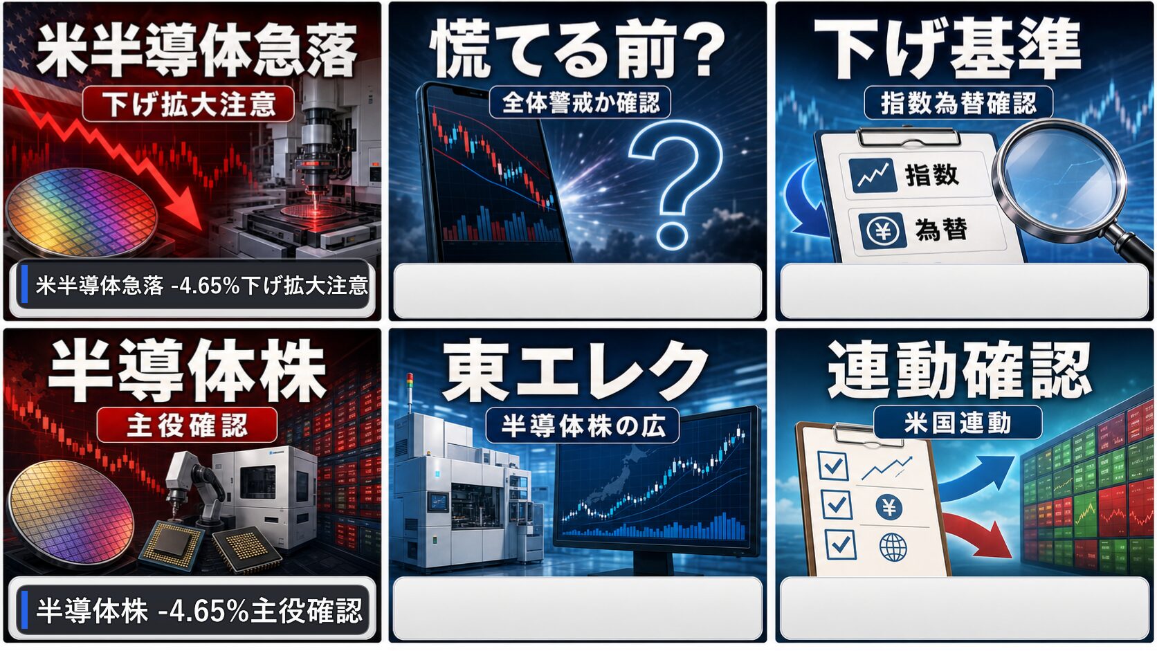 寄り前の日本株の半導体株、米半導体指数、日経平均、ドル円を6コマで整理した画像