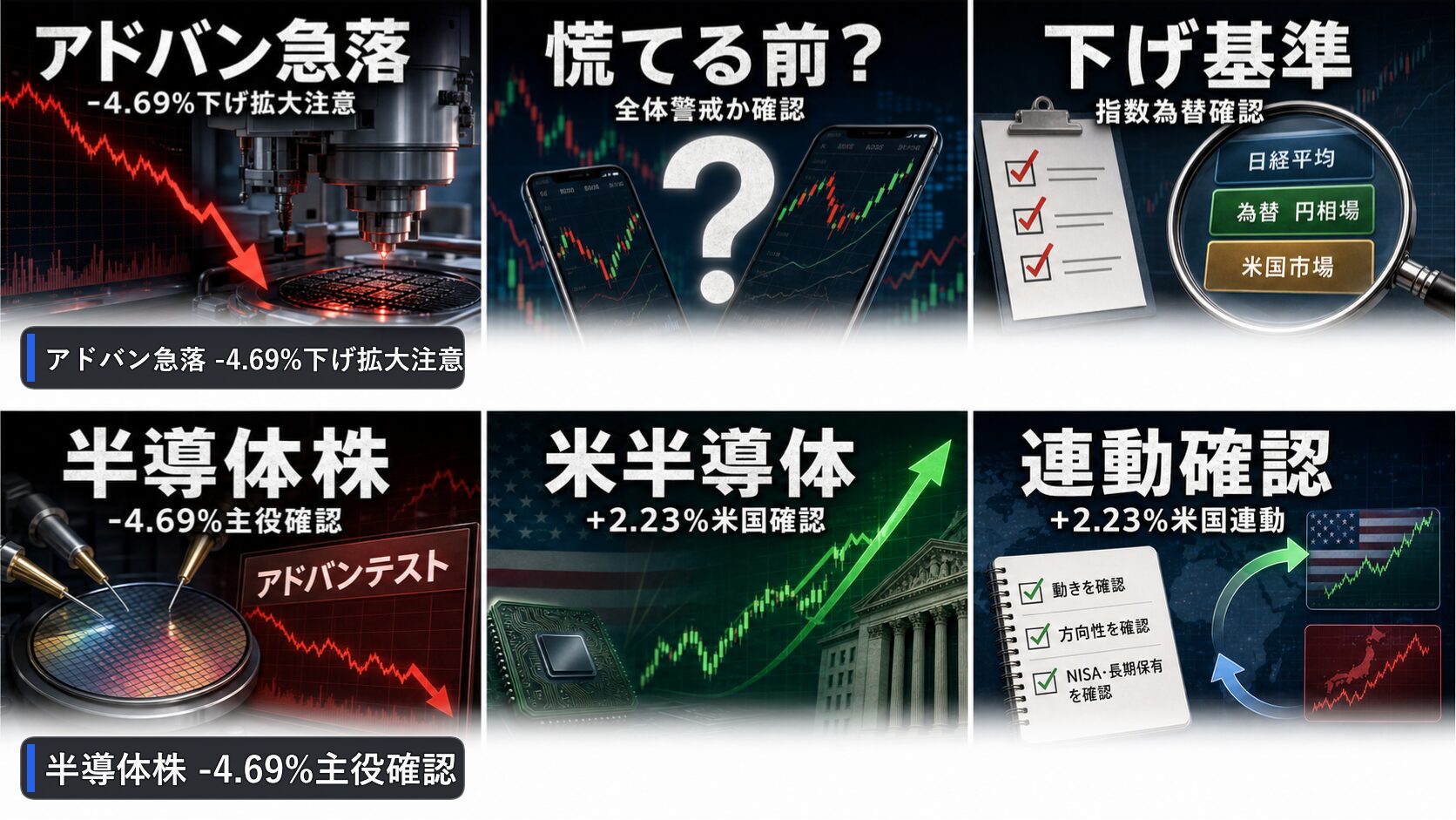 大引けの日本株の半導体株、アドバンテスト、日経平均、ドル円を6コマで整理した画像