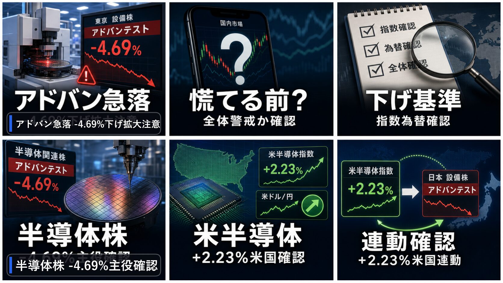 寄り前の日本株の半導体株、アドバンテスト、日経平均、ドル円を6コマで整理した画像