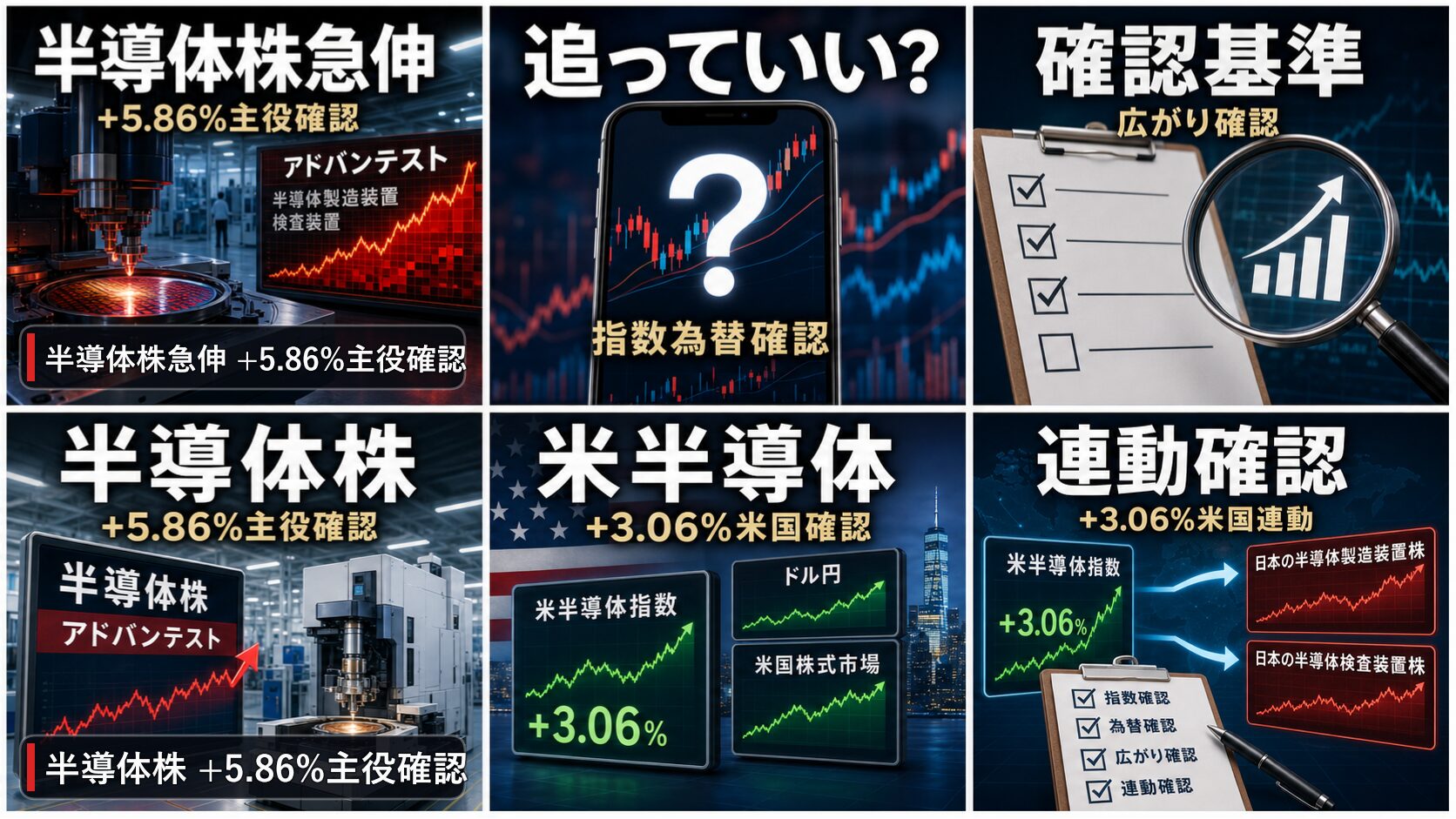 寄り前の日本株の半導体株、アドバンテスト、日経平均、ドル円を6コマで整理した画像