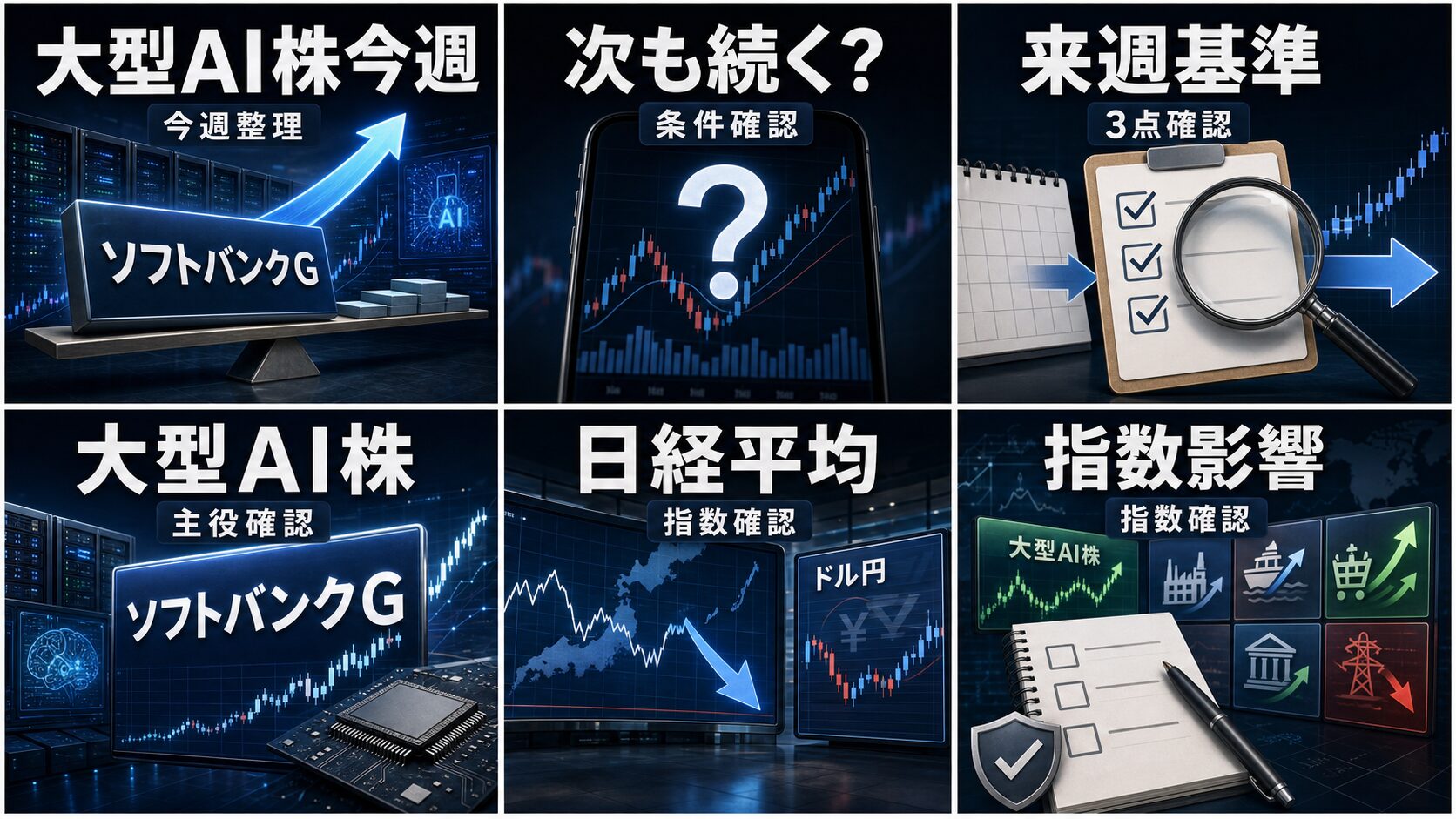 今週の日本株の大型AI株、ソフトバンクG、日経平均、ドル円を6コマで整理した画像