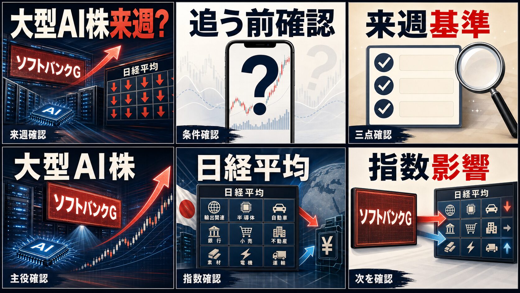 来週の日本株の大型AI株、ソフトバンクG、日経平均、ドル円を6コマで整理した画像