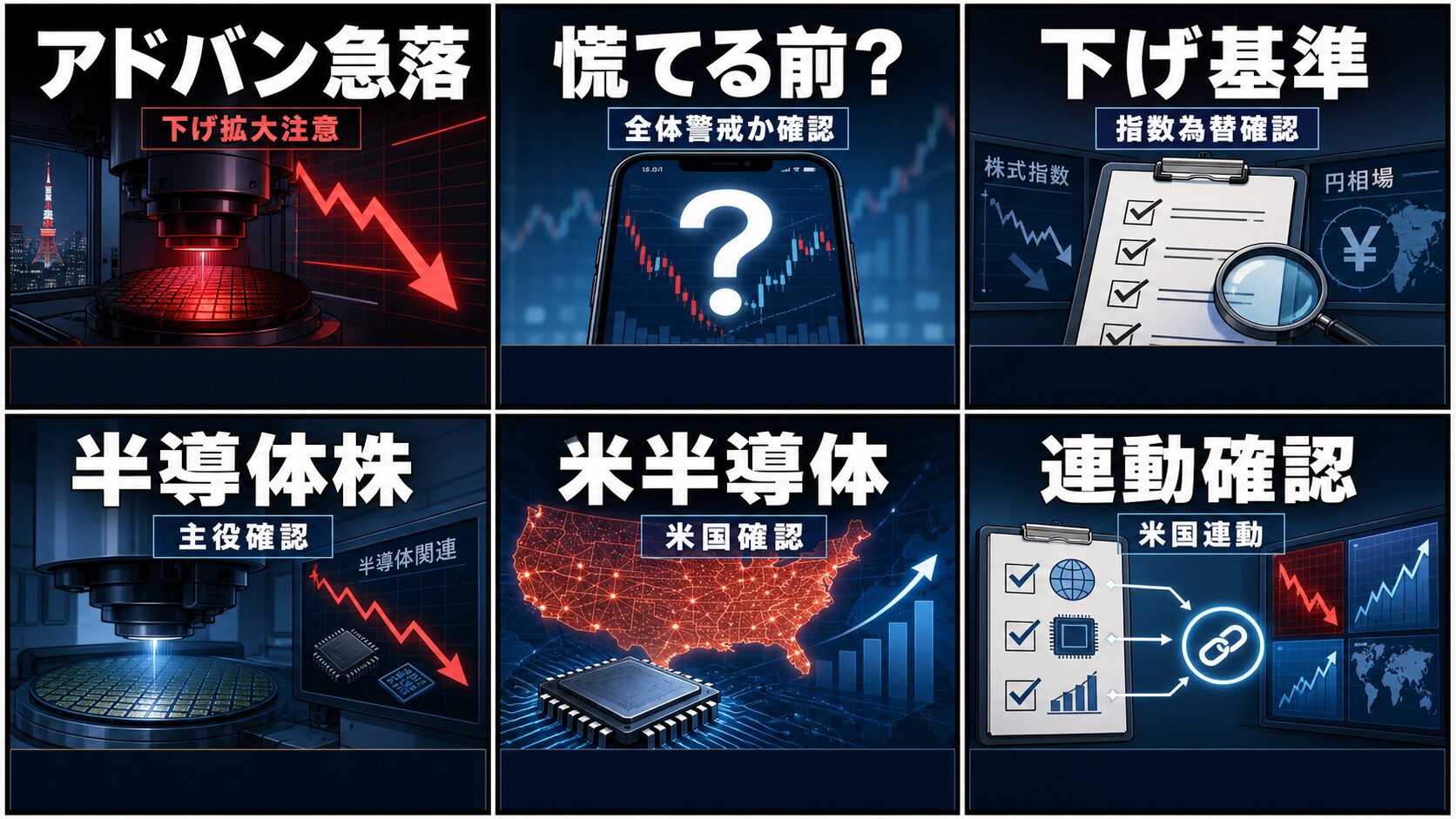 大引けの日本株の半導体株、アドバンテスト、日経平均、ドル円を6コマで整理した画像
