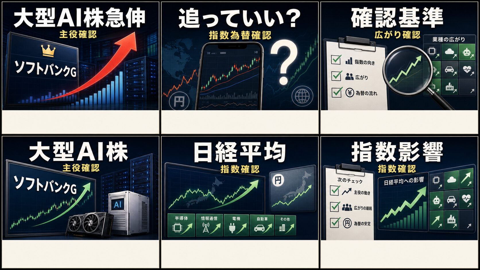 寄り前の日本株の大型AI株、ソフトバンクG、日経平均、ドル円を6コマで整理した画像