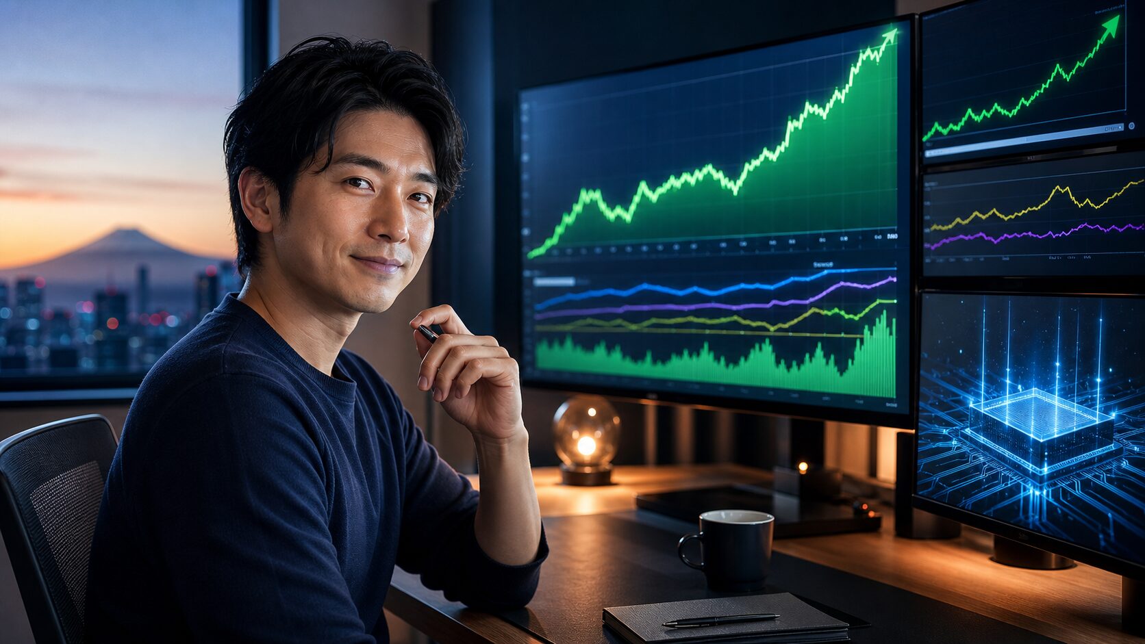 寄り前の日本株で大型AI株とソフトバンクGの動きを確認する個人投資家向けサムネイル画像