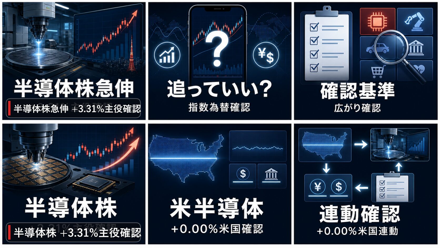 大引けの日本株の半導体株、アドバンテスト、日経平均、ドル円を6コマで整理した画像
