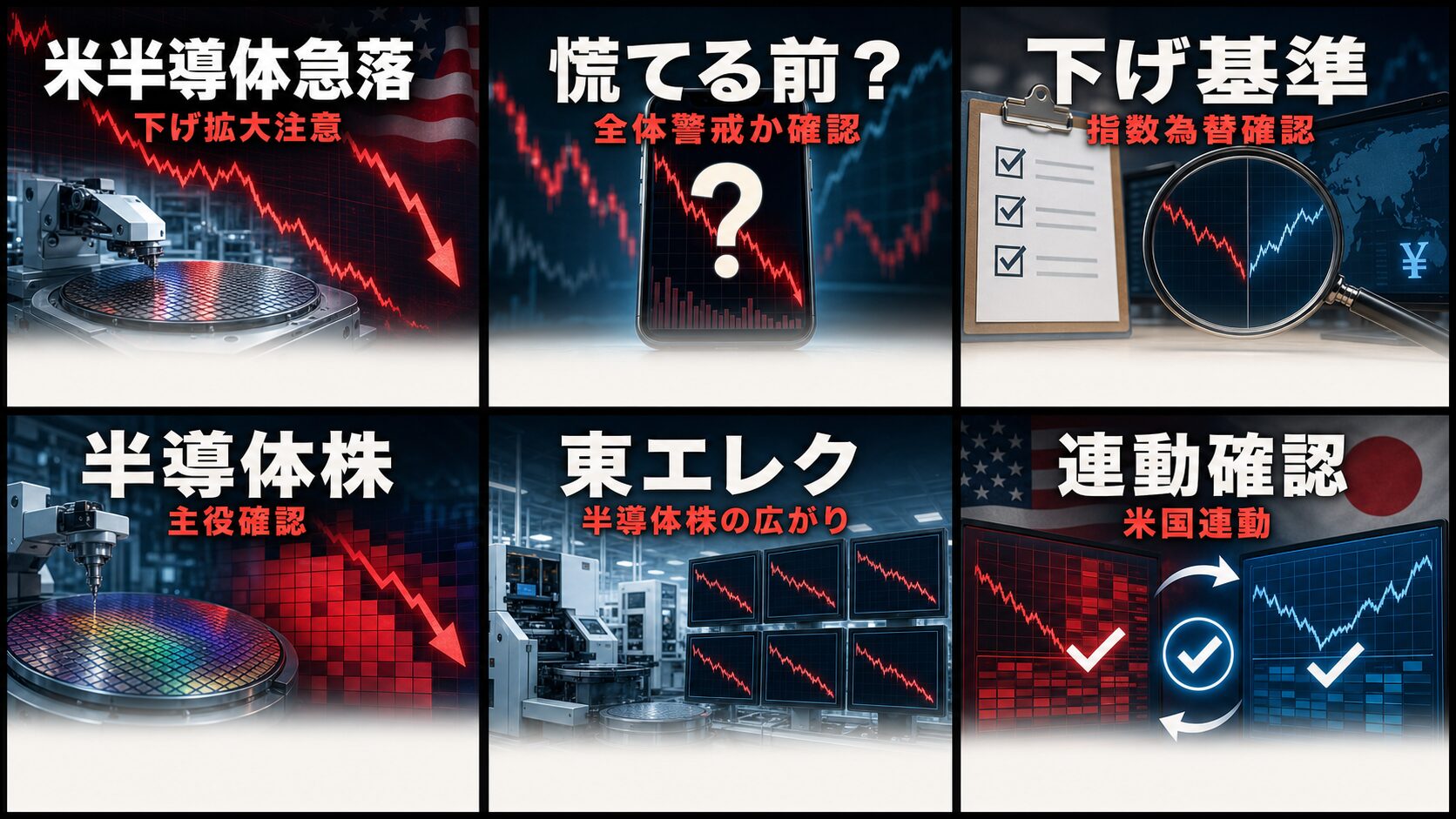 寄り前の日本株の半導体株、米半導体指数、日経平均、ドル円を6コマで整理した画像