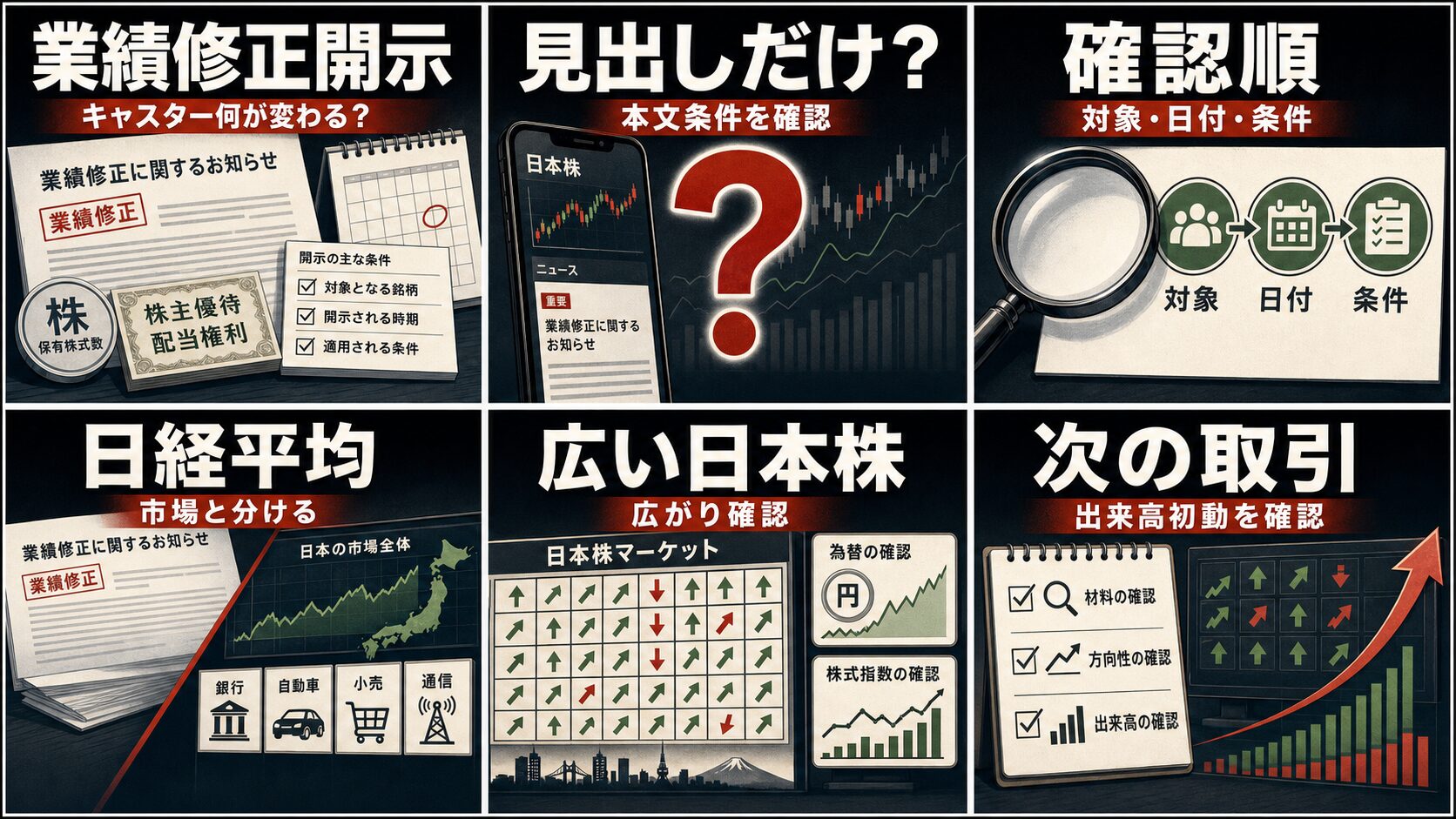 寄り前の日本株の業績修正、キャスター、日経平均、ドル円を6コマで整理した画像