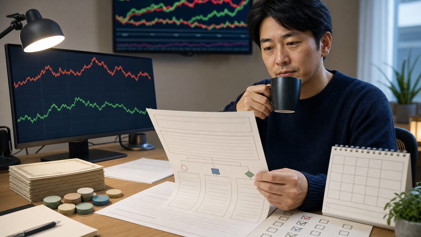 寄り前の日本株で業績修正とキャスターの動きを確認する個人投資家向けサムネイル画像