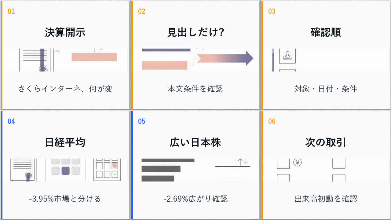 寄り前の日本株の決算、さくらインターネット、日経平均、ドル円を6コマで整理した画像