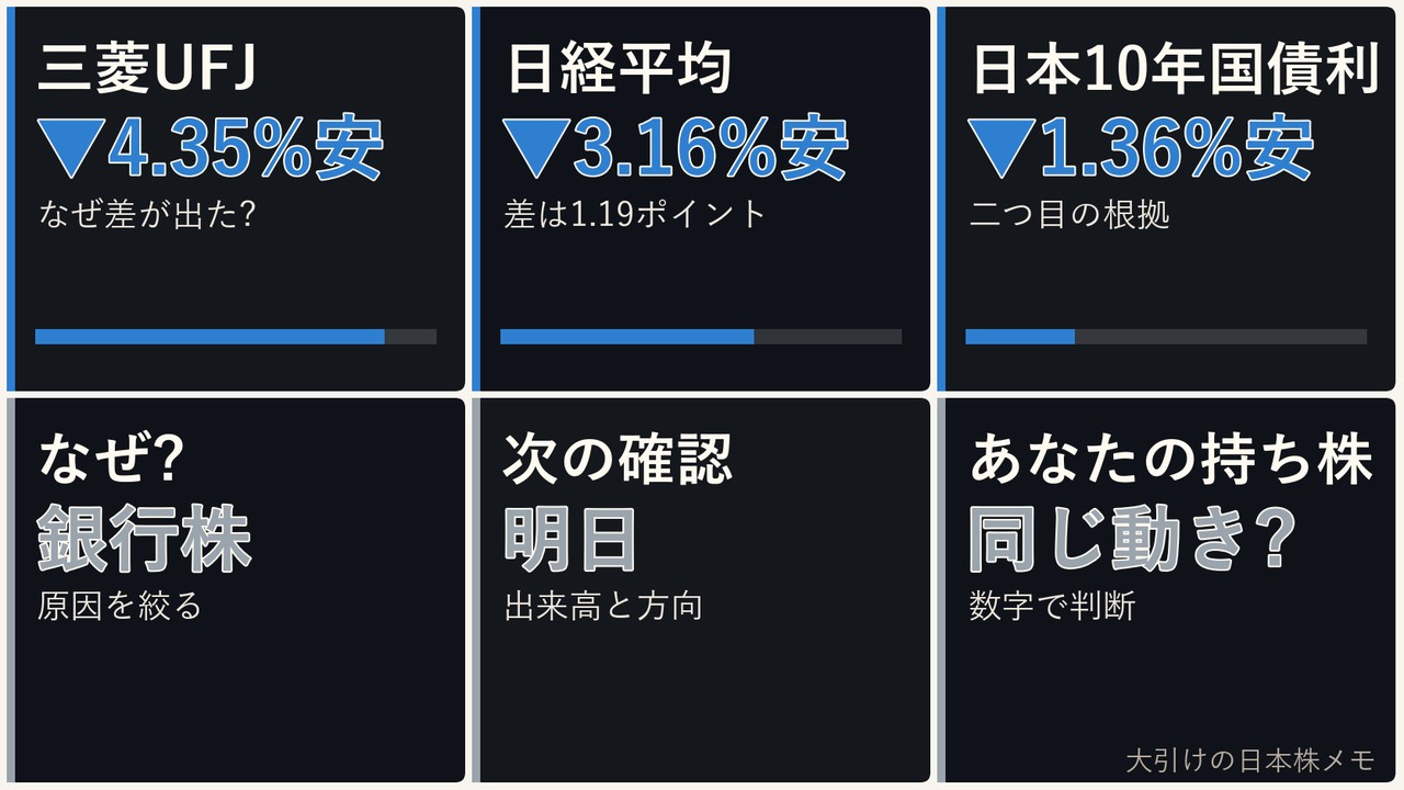大引けの日本株の銀行株、三菱UFJ、日経平均、ドル円を6コマで整理した画像