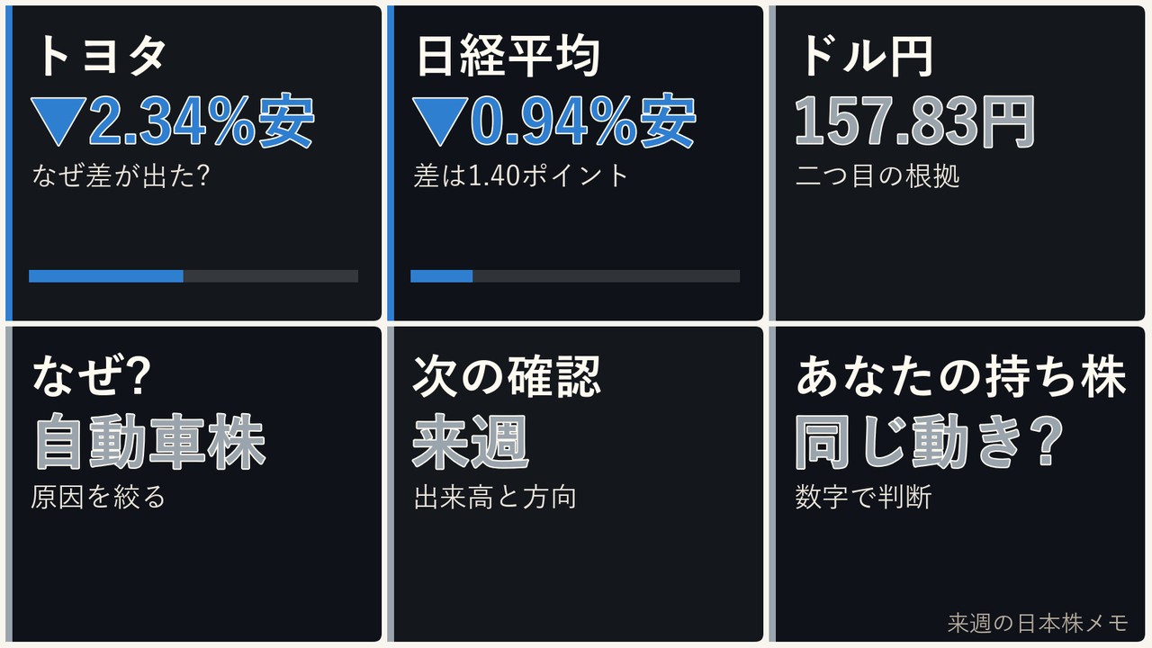 来週の日本株の自動車株、トヨタ、日経平均、ドル円を6コマで整理した画像